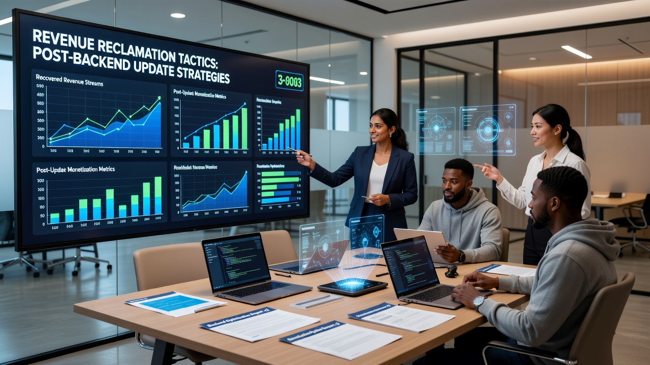 Analytics interface displaying post-update revenue recovery trends and user engagement graphs